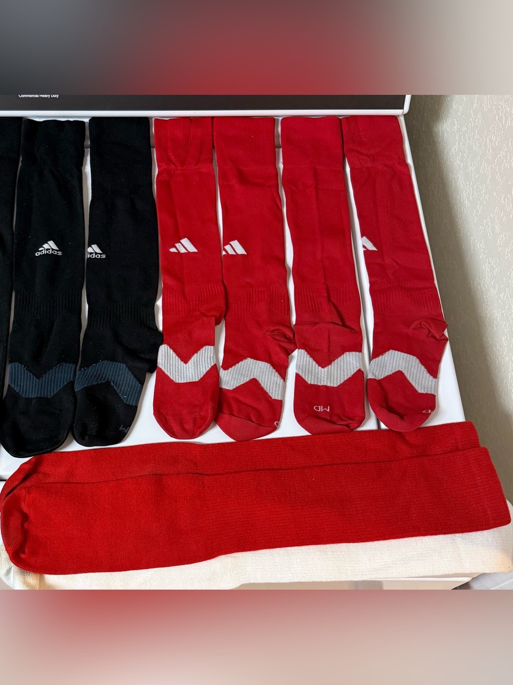 Soccer Socks:2 red-(adidas). 2 red-brand unk(1 new).2 white-brand unk(1 new) $16